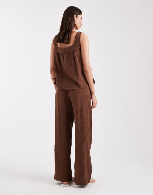 ONLY wide leg cheesecloth trouser co-ord in brown, 3 of 5
