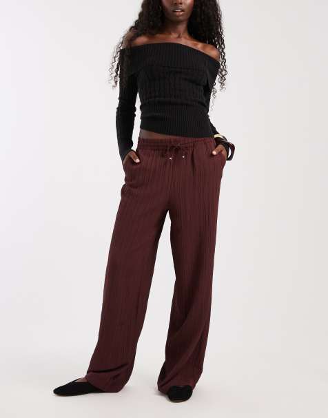 ONLY wide leg crinkle textured pants in chocolate brown - view 1