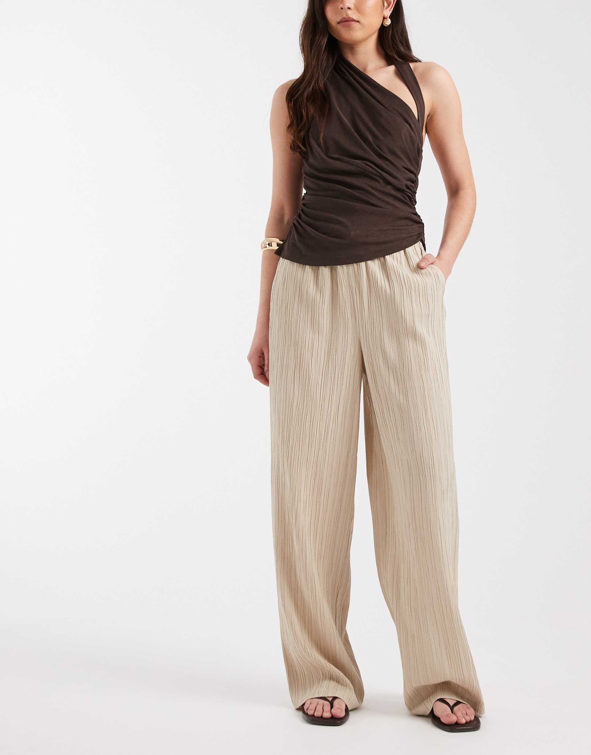 only wide leg crinkle textured pants in stone