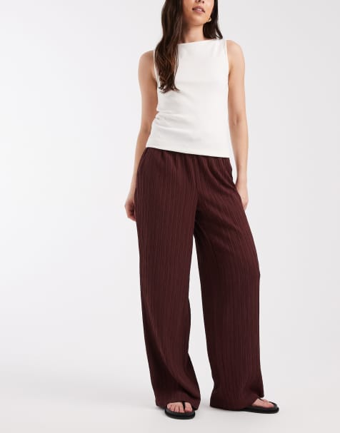 ONLY wide leg crinkle textured trousers in chocolate brown - view 1