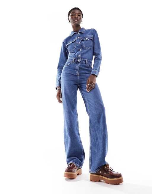 Only wide leg denim jumpsuit in dark blue