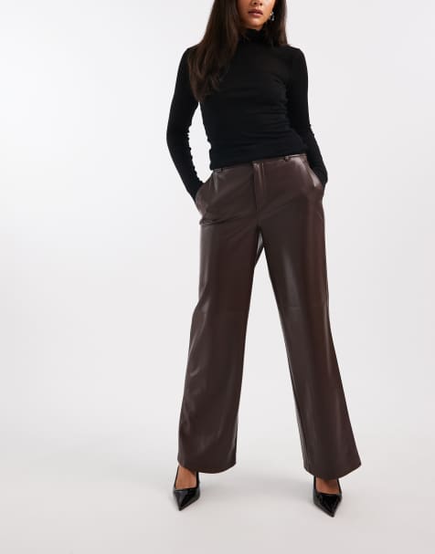 Only wide leg faux leather pants in brown - view 1