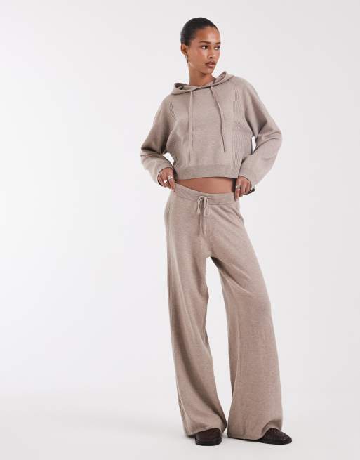 ONLY knitted short hoodie & wide leg knitted trousers co-ord in beige, 2 of 3