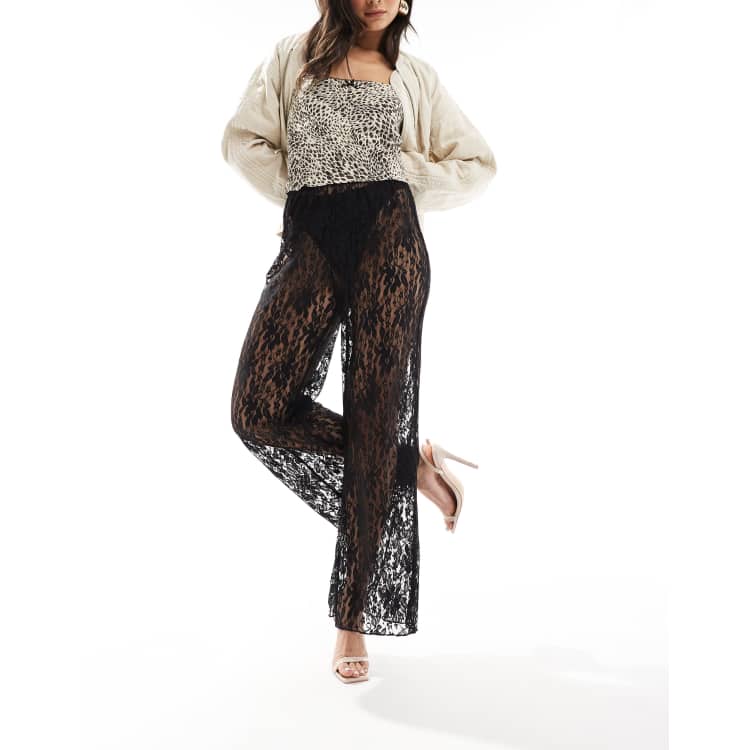 Womens Floral Sexy Lace Pants Sheer Mesh High Waist Trousers