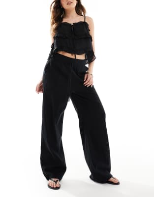 wide leg linen look pants in black