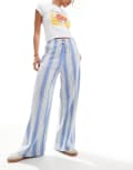 [ONLY] ONLY wide leg linen look pants in blue & white stripe 12-14 WHITE