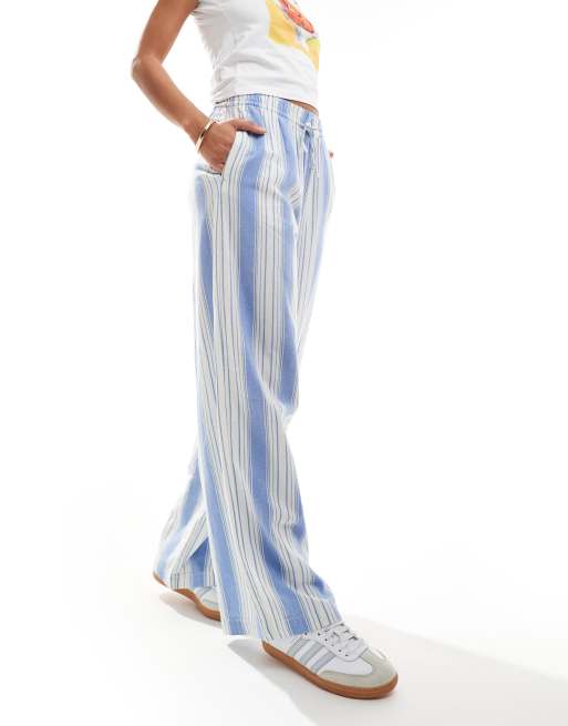 ONLY wide leg linen look pants in blue & white stripe  , 3 of 5