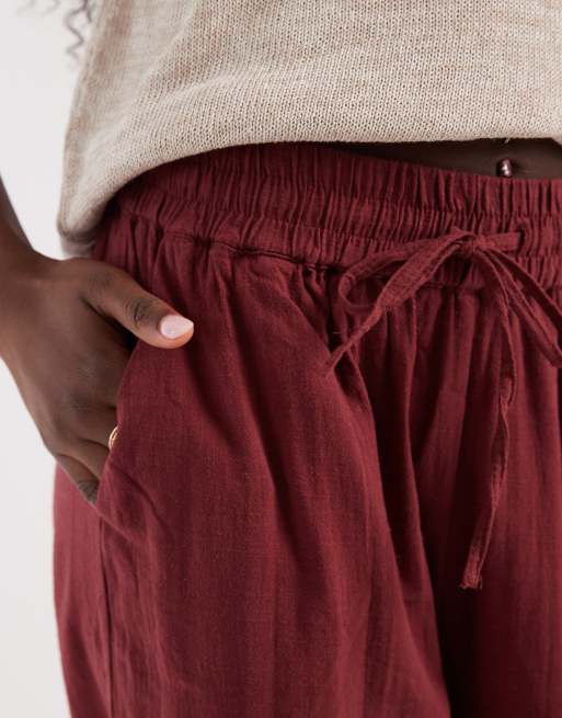 ONLY wide leg linen look pants in dark red, 4 of 5