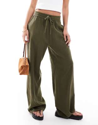 wide leg linen look pants in khaki green