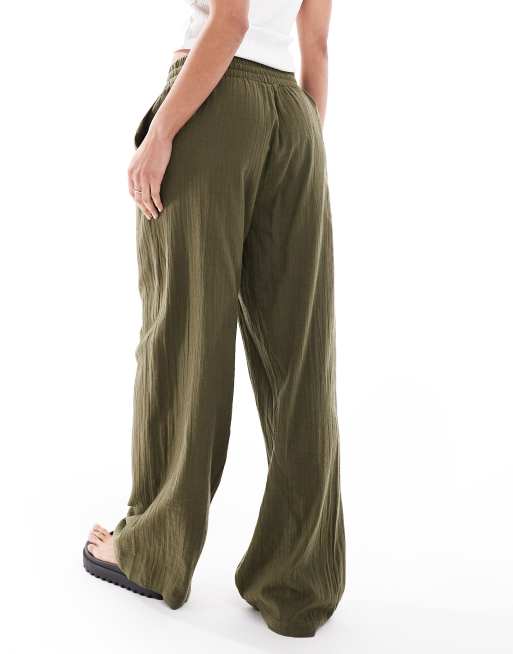 ONLY wide leg linen look trousers in khaki, 2 of 5