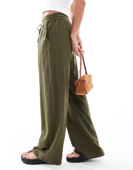ONLY wide leg linen look trousers in khaki, 3 of 5