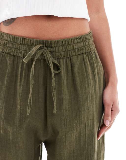 ONLY wide leg linen look trousers in khaki, 4 of 5