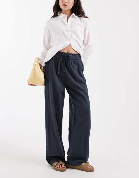 ONLY wide leg linen look trousers in washed navy - view 1