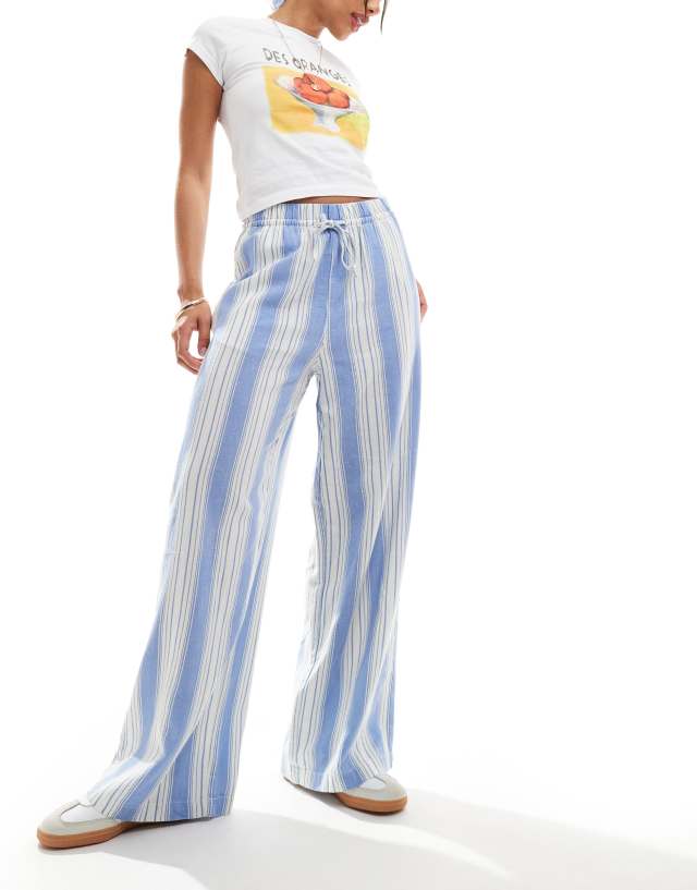 ONLY - wide leg linen trousers in blue & white stripe