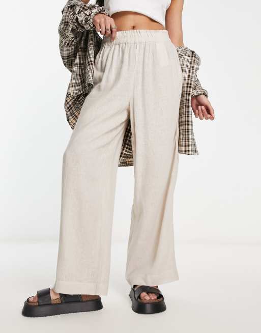 Plus Stone Linen Look Fold Over Wide Leg Trousers