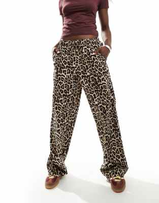 wide leg pants in leopard print-Brown