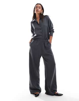 wide leg pull on pants in dark gray melange - part of a set