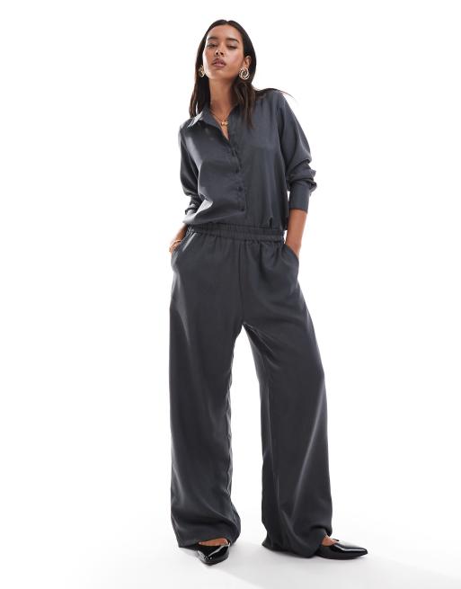 ONLY wide leg pull on pants in dark gray melange - part of a set