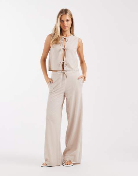 ONLY wide leg pull on trouser co-ord in stone - view 1