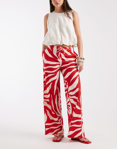 ONLY wide leg pull on trouser in red floral - view 1