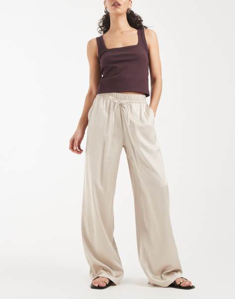 ONLY wide leg satin feel pants in champagne - view 1