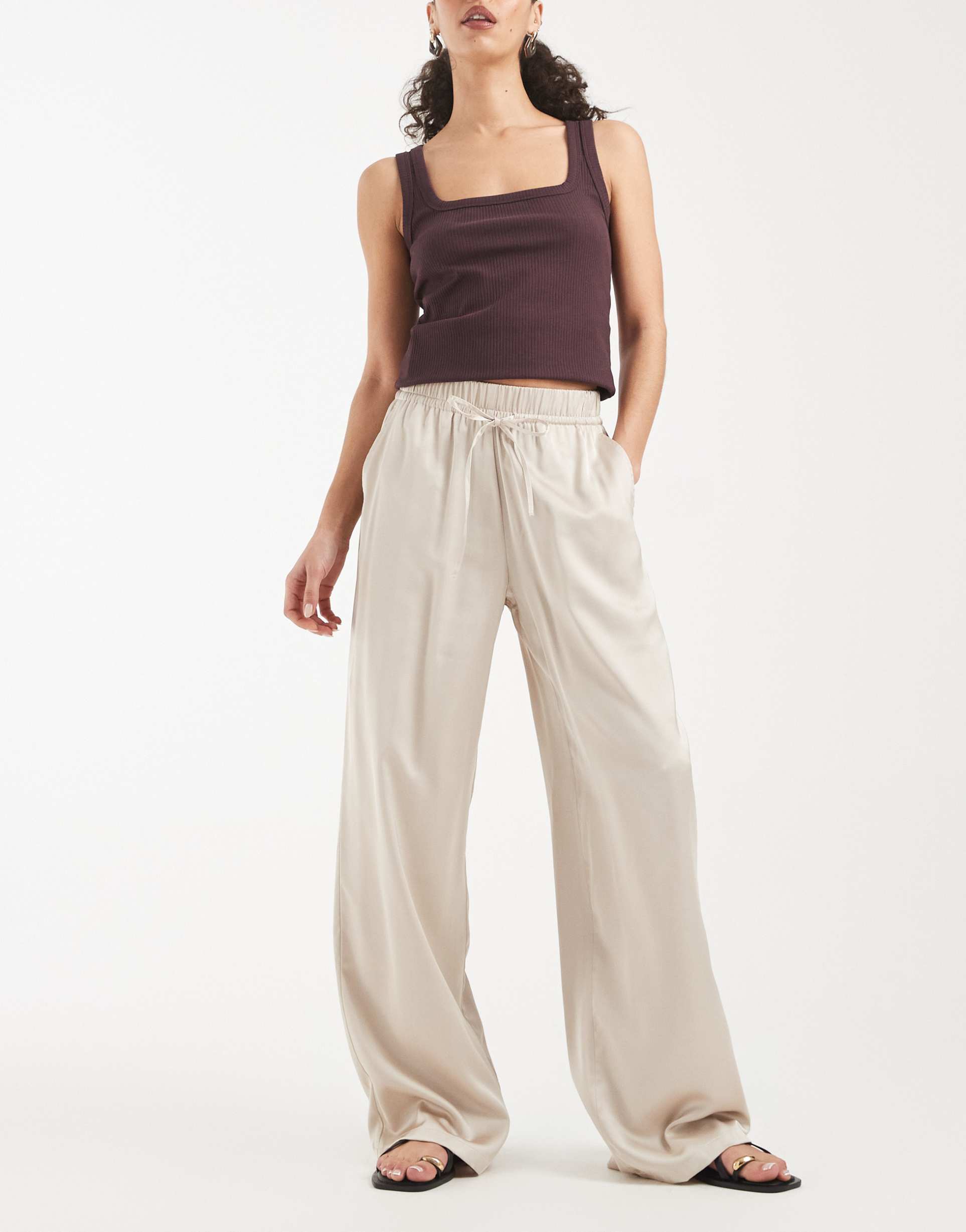 only wide leg satin feel pants in champagne