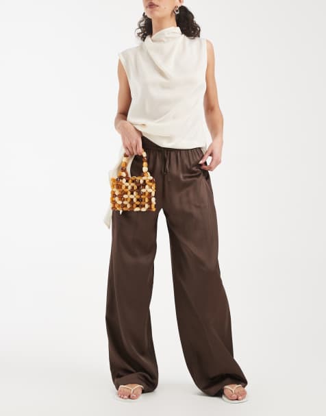 ONLY wide leg satin feel trouser in chocolate