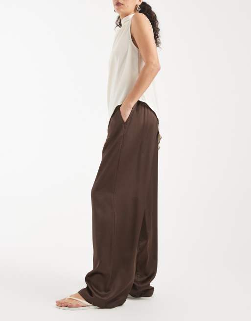 ONLY wide leg satin feel trouser in chocolate, 2 of 5