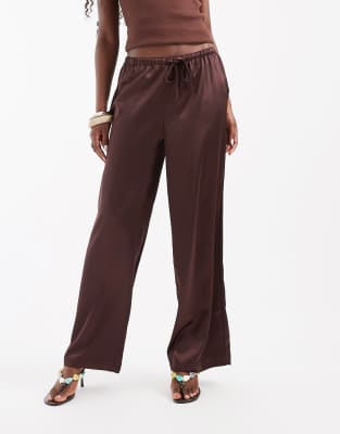 Only Wide Leg Satin Pants In Brown