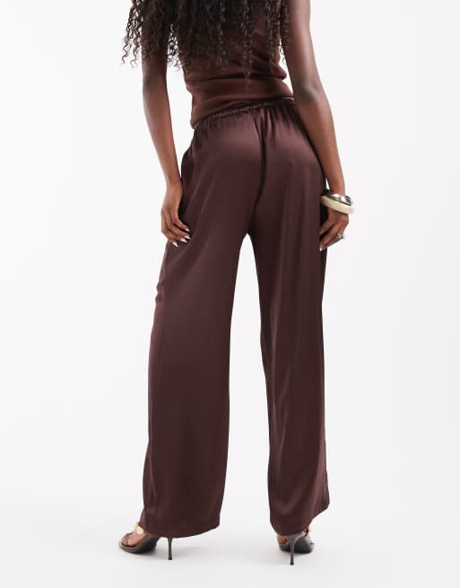 ONLY wide leg satin pants in brown, 3 of 5