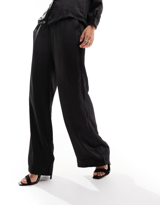 Only For Tonight Black Satin Wide-Leg Trouser Pants