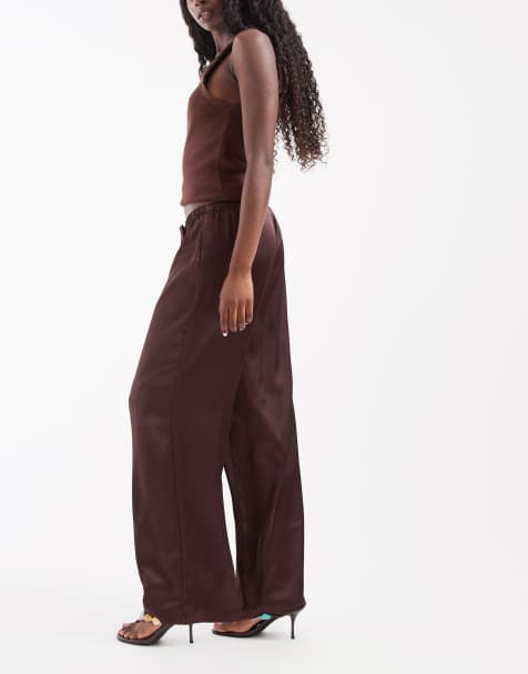 ONLY wide leg satin trousers in brown - view 1