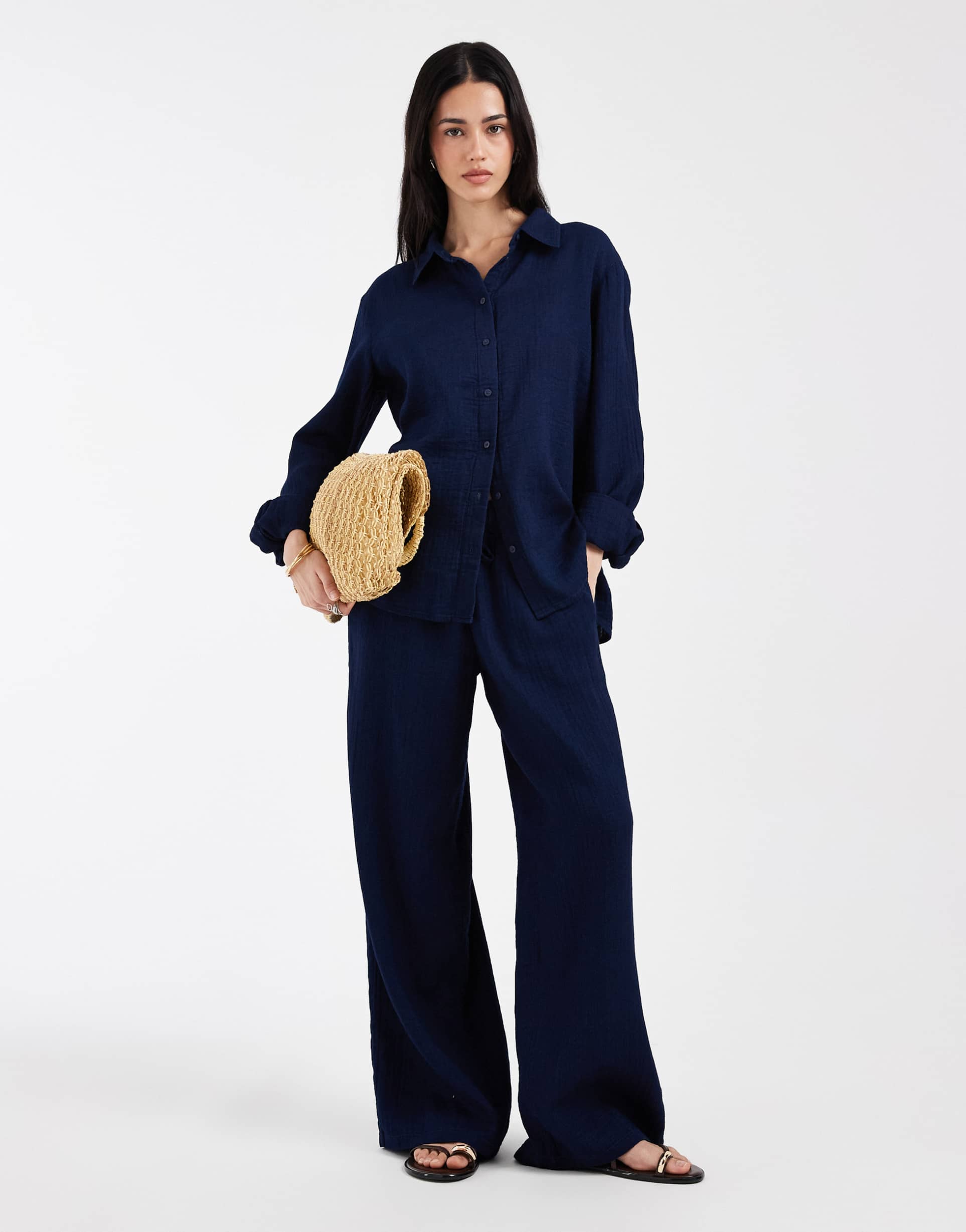 only wide leg seersucker pants in navy - part of a set