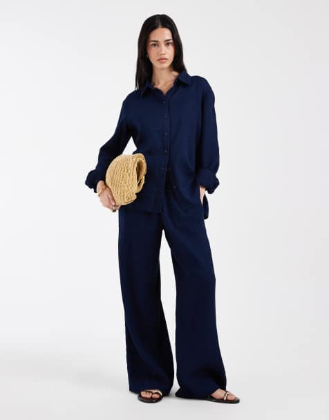ONLY wide leg seersucker trouser co-ord in navy - view 1