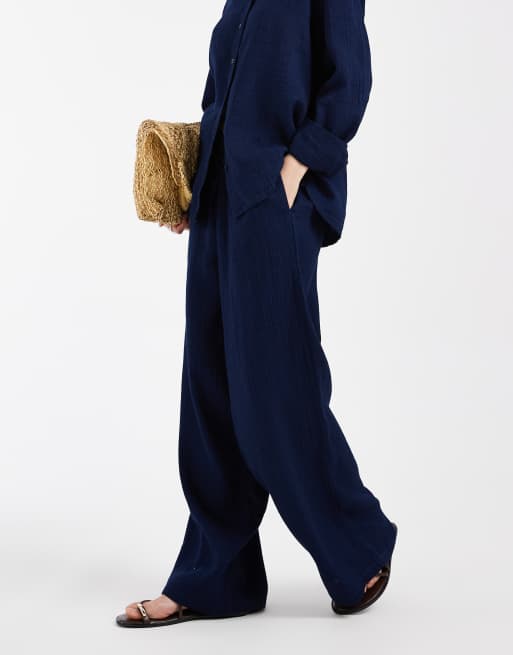 ONLY wide leg seersucker trouser co-ord in navy, 2 of 5