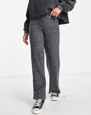 Only wide leg soft ribbed trouser co-ord in charcoal