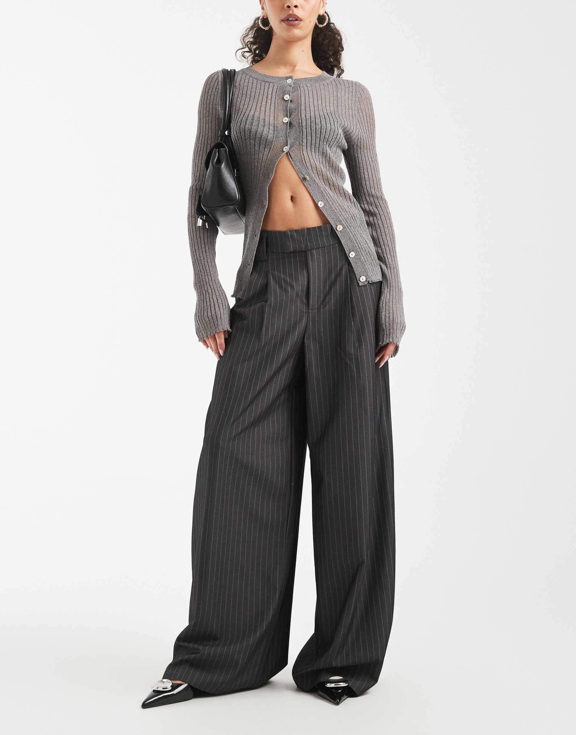 only wide leg tailored pants in dark gray pinstripe