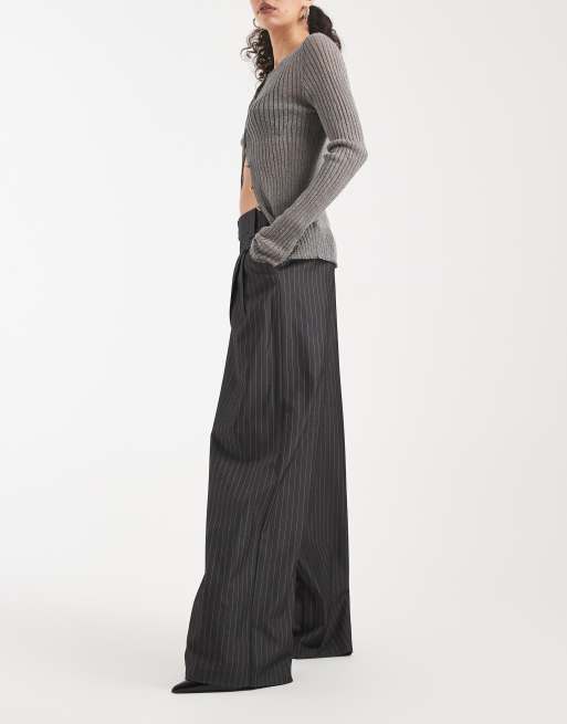 ONLY wide leg tailored pants in dark gray pinstripe, 3 of 5