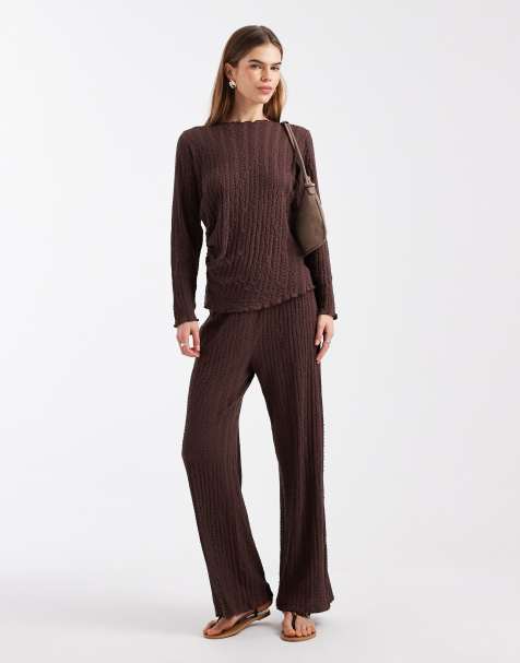 ONLY wide leg textured pants in chocolate - part of a set - view 1
