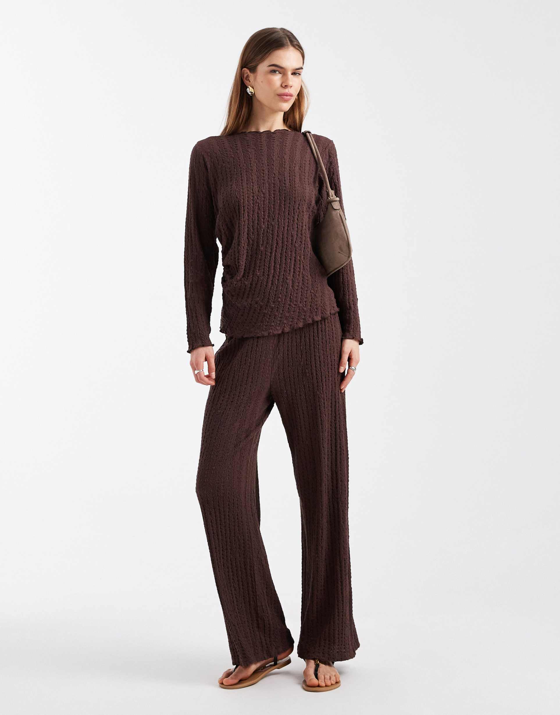 only wide leg textured pants in chocolate - part of a set
