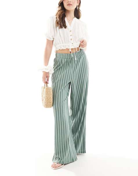 ONLY wide leg textured pants in green stripe - view 1