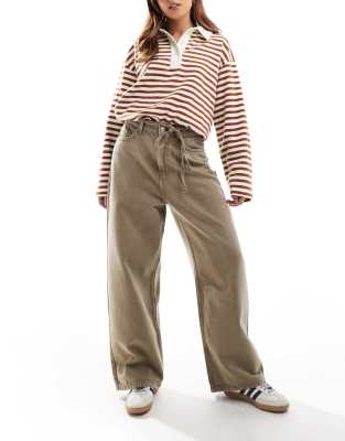 Shop Only Wide Leg Tie Waist Jeans In Green