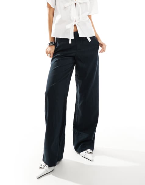ONLY wide leg trouser with pocket detail in navy pinstripe