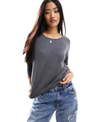 ONLY ONLY wide neck 3/4 sleeve top in charcoal melange-Grey