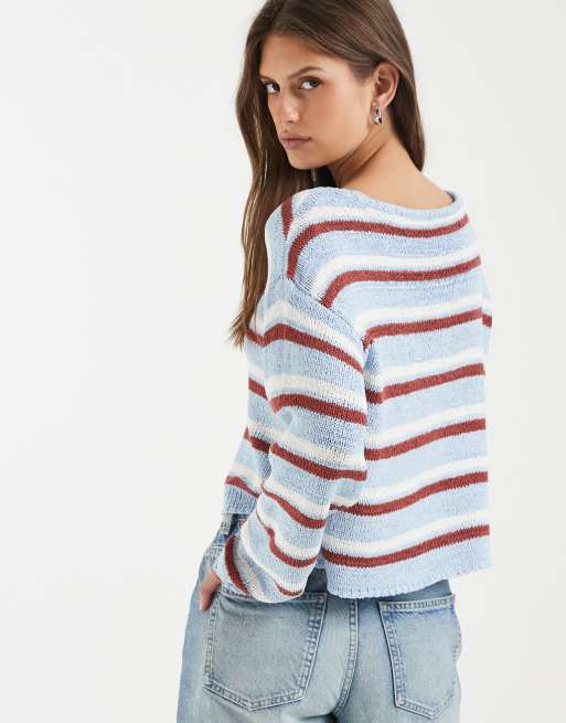ONLY wide neck light knit top in blue & red stripes, 3 of 4