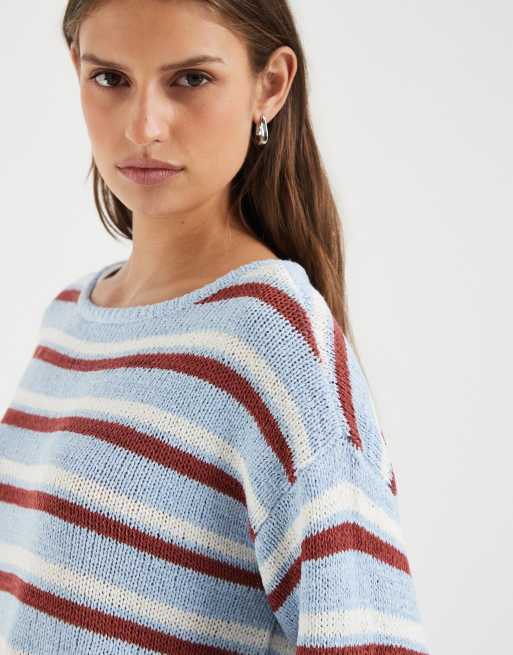 ONLY wide neck light knit top in blue & red stripes, 4 of 4