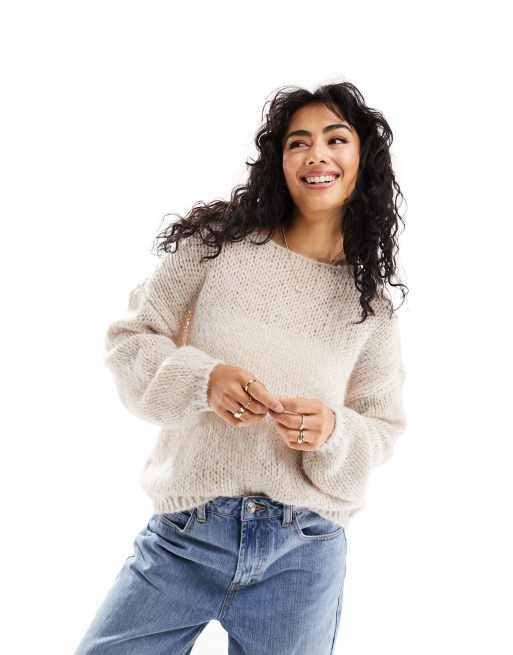 Only wide neck oversized sleeve jumper in cream