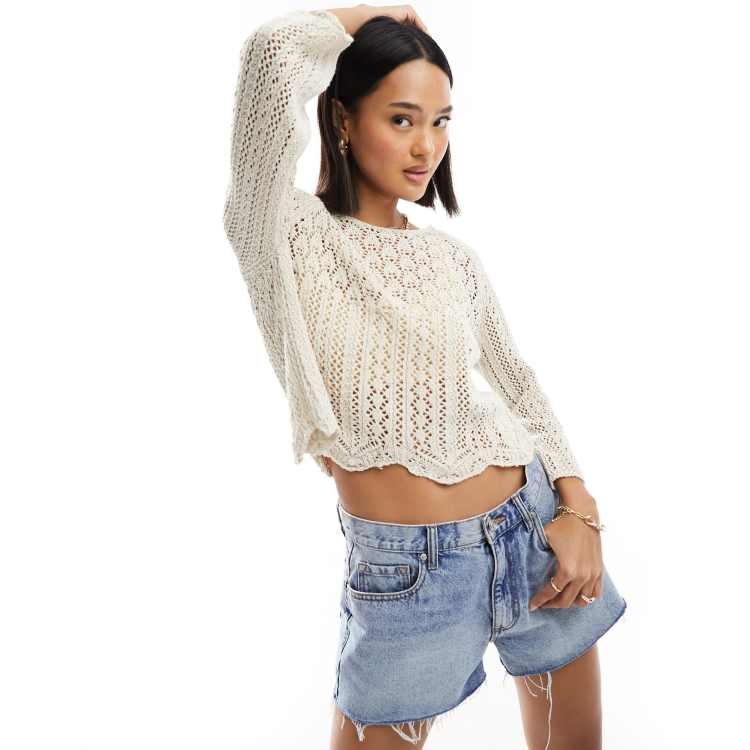 Monki long sleeve crochet top in white