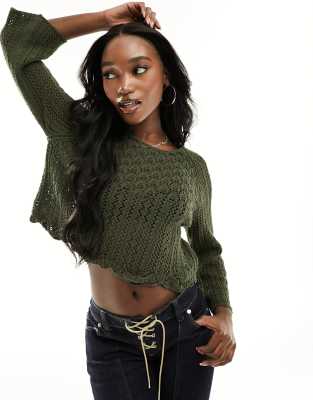ONLY ONLY wide sleeve crochet top in dark khaki-Green
