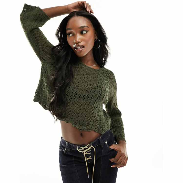 ONLY wide sleeve crochet top in dark khaki | ASOS